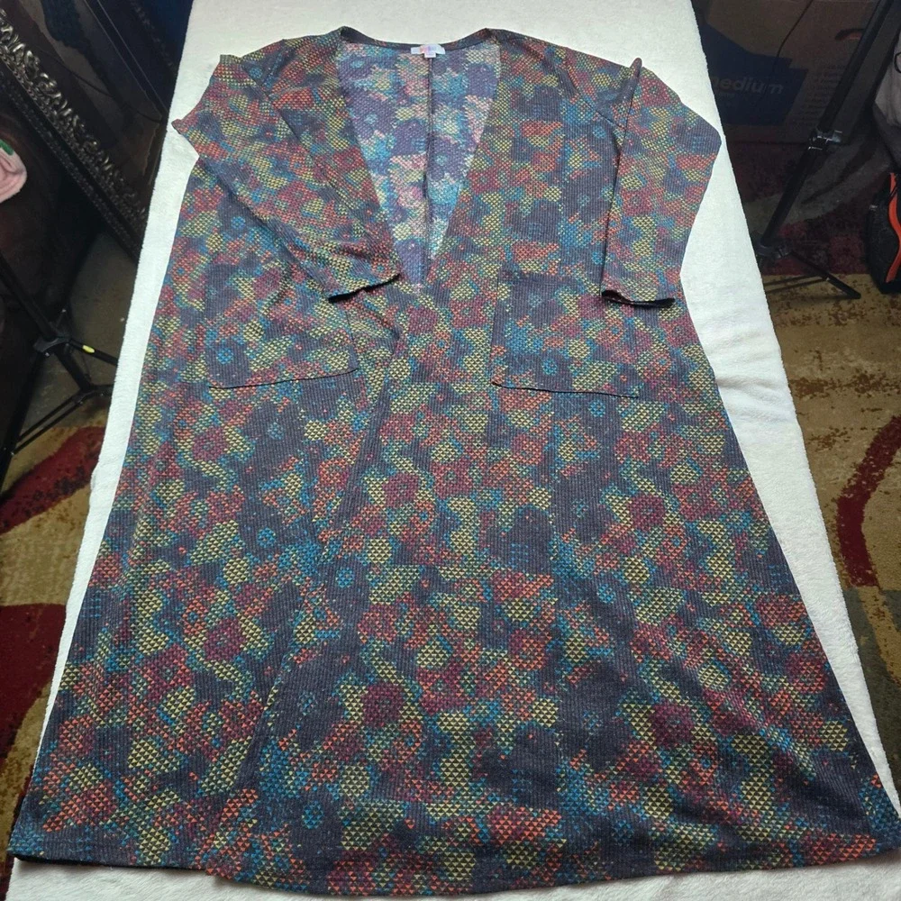 LuLaRoe Sarah Cardigan Large Open Front Duster Geometric Ribbed Knit Pockets